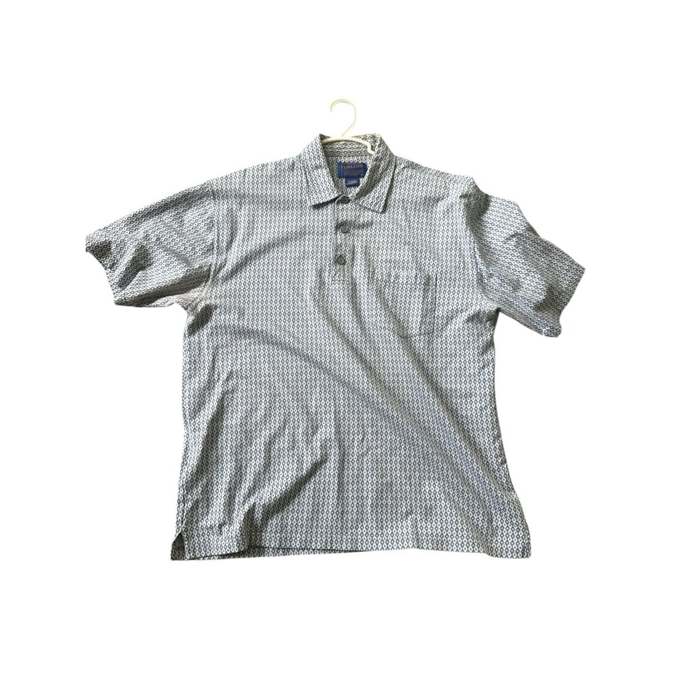 Pendleton Men's Diamond Print Blue Gray Cotton Short Sleeve Polo Shirt Large